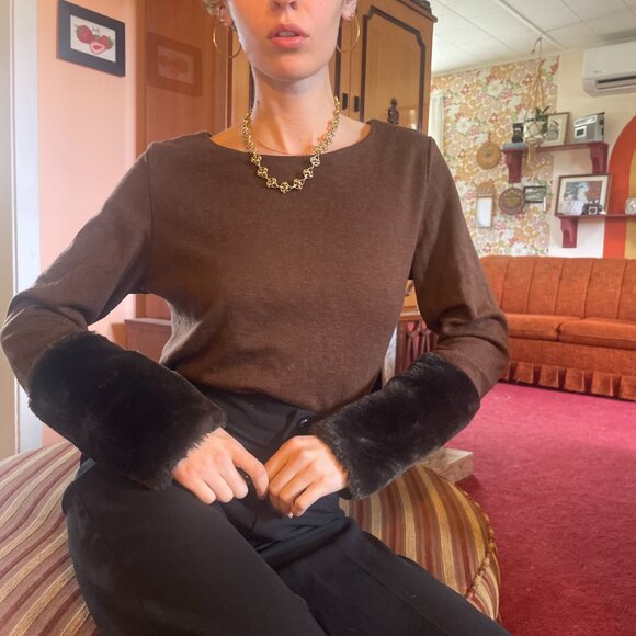 Y2K wool blend fur sleeve brown boatneck cropped sweater! - Picture 2 of 14